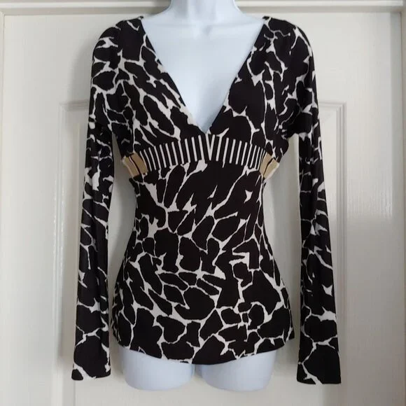 Just Cavalli Deep V-Neck Mob Wife Chic Animal Print Designer Top 42/M - Picture 1 of 12